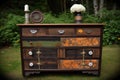 rustic wooden dresser, refinished and loaded with decorations