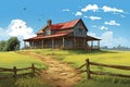 rustic wooden farmhouse with gabled entry surrounded by farmland, magazine style illustration