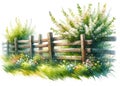 Rustic wooden fence surrounded by lush greenery and flowers