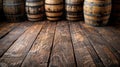 Rustic Wooden Tabletop with Distant Wine Barrels for product placement background Royalty Free Stock Photo