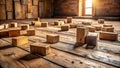 Rustic Wooden Foundation Blocks Scattered on Worn Flooring A Warm SoftFocus Image Royalty Free Stock Photo