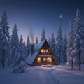 Cozy A-Frame Cabin in Snowy Forest at Twilight AI-GENERATED Royalty Free Stock Photo