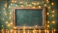 Rustic wooden frame enclosing a blank chalkboard, adorned with festive string lights on a weathered wooden background. Generative Royalty Free Stock Photo