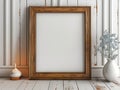 Rustic wooden frame mockup with a white background, a candle, and a vase of flowers Royalty Free Stock Photo