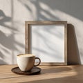 A rustic wooden frame with a textured coffee cup and saucer on a wooden table bathed in soft sunlight and Royalty Free Stock Photo