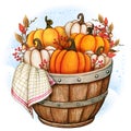 Rustic wooden half barrel with pumpkins and country towel Royalty Free Stock Photo