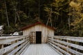 Rustic wooden hut or shelter on the bridge in Hautes Gorges de la RiviÃÂ¨re-Malbaie National Park, Canada. Royalty Free Stock Photo