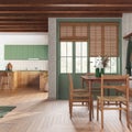 Rustic wooden kitchen and dining room in white and green tones. Cabinets and parquet floor. Table with chairs. Farmhouse interior Royalty Free Stock Photo