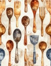 Rustic Wooden Kitchen Utensils Seamless Pattern Watercolor Royalty Free Stock Photo