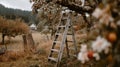 Rustic Wooden Ladder in an Autumn Apple Orchard Royalty Free Stock Photo