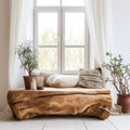 Rustic wooden live edge coffee table made from tree stump against daybed near window and white wall with copy space