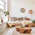 Rustic wooden live edge coffee table made from tree stump against daybed near window and white wall with copy space
