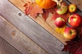 Rustic Autumn Wooden Background Framed by Apples and Fall Maple Leaves Royalty Free Stock Photo