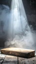 Rustic Wooden Plank Under a Dramatic Spotlight with Smoke Effects on a Gray Background Royalty Free Stock Photo