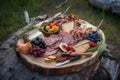 a rustic wooden plate with a variety of meats and cheeses for an outdoor picnic Royalty Free Stock Photo