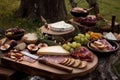 a rustic wooden plate with a variety of meats and cheeses for an outdoor picnic Royalty Free Stock Photo
