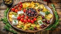 A rustic wooden platter featuring an array of gourmet appetizers, including cheese cubes, grapes, cherry tomatoes, and crispy Royalty Free Stock Photo