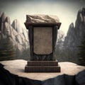 Rustic wooden podium on a stone forest background AI generation