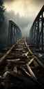 Rustic Wooden Rail Bridge: A Surrealistic Dystopia In Misty Gothic Style