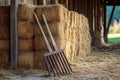 A rustic wooden rake leaning against a stack of fresh hay bales Royalty Free Stock Photo