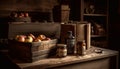 Rustic wooden shelf holds antique medicine bottles and herbal remedies generated by AI Royalty Free Stock Photo