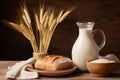 Rustic wooden shelf holds a ceramic plate with bread, beside a milk jug. A vase showcases ripe wheat. Cozy ambiance. Royalty Free Stock Photo