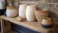 A rustic wooden shelf showcases an array of handcrafted ceramic pots and sculpted wooden figures, reflecting an appreciation for Royalty Free Stock Photo