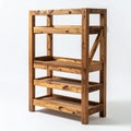 Rustic wooden shelving unit with three open shelves for storage, crafted with aged wood on white background Royalty Free Stock Photo