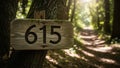 Rustic Wooden Sign with Number 615 Attached to a Tree Trunk in a Sun-Dappled Forest with a Blurred Path Royalty Free Stock Photo