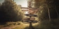 A rustic wooden signpost with arrows pointing in various directions, representing choices and decisions, concept of