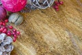 Rustic wooden surface with large potpourri, berries and pinecones background Royalty Free Stock Photo