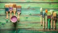Rustic wooden surface with paintbrushes and paint can ready for artistic projects. Generative AI Royalty Free Stock Photo