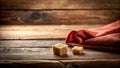 Rustic wooden surface with two cubes of brown sugar and a red textile. Generative AI Royalty Free Stock Photo