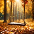 Rustic Wooden Swing In Autumn Forest