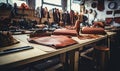 A Rustic Wooden Table Adorned With an Array of Earthy Brown Bags