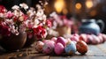 A rustic wooden table adorned with Easter decorations, colorful eggs, and fresh spring flowers. AI Generated. Royalty Free Stock Photo