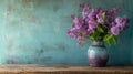 A rustic wooden table adorned with a simple vase of lilacs, filling the air with the scent of spring Royalty Free Stock Photo