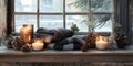 A rustic wooden table adorned with winter-themed decorations, including
