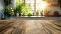 Rustic wooden table against blurred kitchen background with sunlight Royalty Free Stock Photo