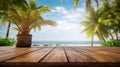 Rustic wooden table against blurred seascape and palm leaves backdrop.