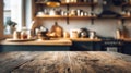 Rustic Wooden Table with Blurred Kitchen Background in Warm Morning Light Royalty Free Stock Photo