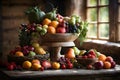A rustic wooden table decorated with a variety of seasonal fruits and vegetables
