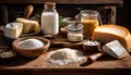 Rustic Still Life: Cheeses, Grains, and Milk in Warm Lighting Royalty Free Stock Photo