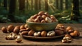 Roasted Mixed Nuts in a Bowl on Wooden Table in a Forest Ambiance. Royalty Free Stock Photo