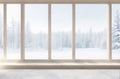 Rustic Wooden Table Framed by Snowy Forest View: Tranquil Window Scene. Royalty Free Stock Photo