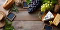 Rustic wooden table with fresh grapes, assorted breads, cheese varieties, herbs, and granola jars arranged around empty Royalty Free Stock Photo