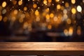 rustic wooden table in front of glitter black and gold bokeh lights Generative AI Royalty Free Stock Photo