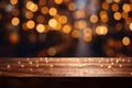 rustic wooden table in front of glitter black and gold bokeh lights Generative AI Royalty Free Stock Photo