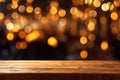 rustic wooden table in front of glitter black and gold bokeh lights Generative AI Royalty Free Stock Photo