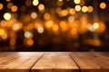 rustic wooden table in front of glitter black and gold bokeh lights Generative AI Royalty Free Stock Photo